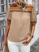 LUNE Vacation Casual Geometric Jacquard Puff Sleeve Blouse